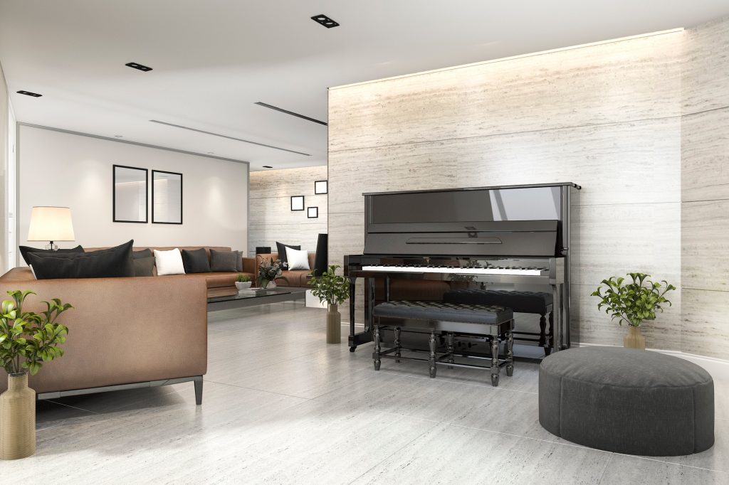 3d rendering modern living room with piano and armchair